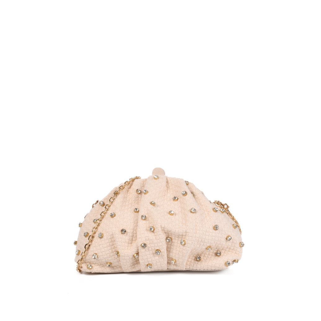 Clutch Off White Brulée Pedrarias Tecido Couro