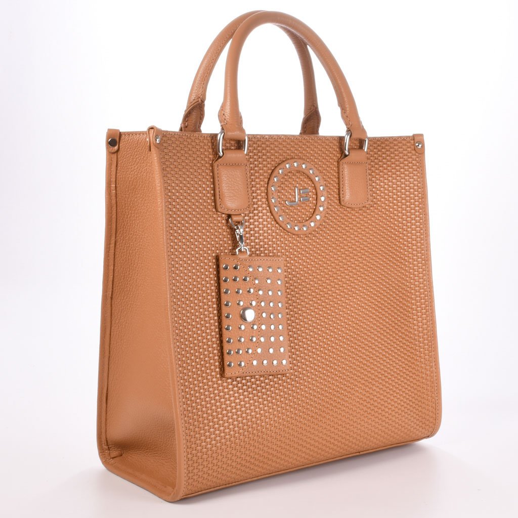 Bolsa Tote Caramelo Tan Tachas Couro Tramado