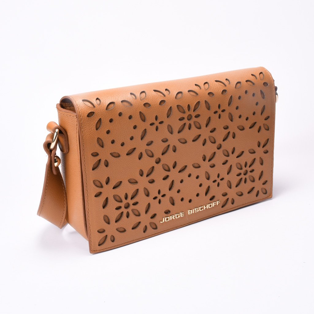 Bolsa Transversal Couro Caramelo Laser Cut Floral