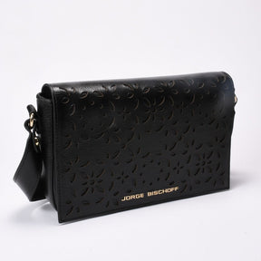 Bolsa Transversal Couro Preto Laser Cut Floral