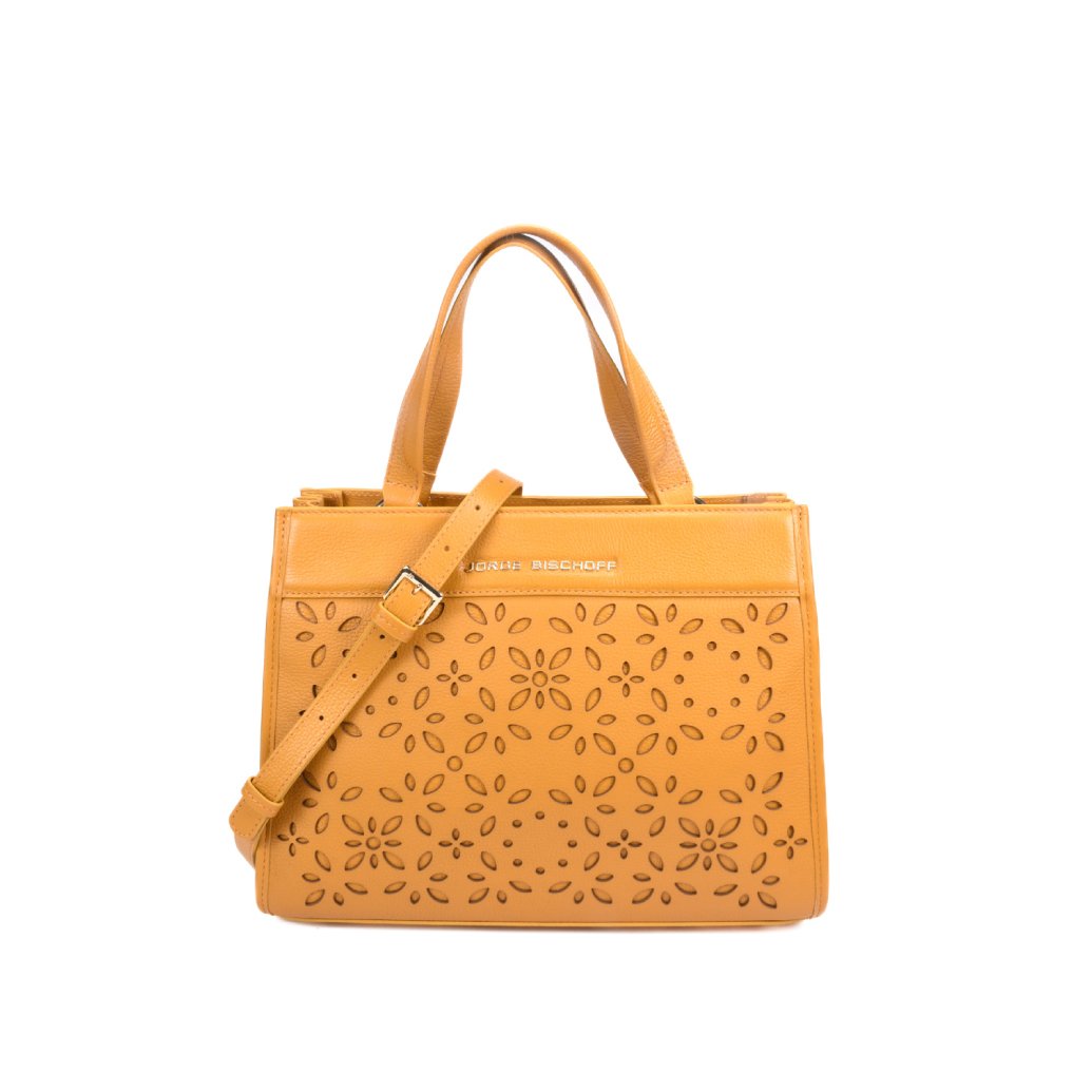 Bolsa Tote Couro Amarelo Laser Cut Floral