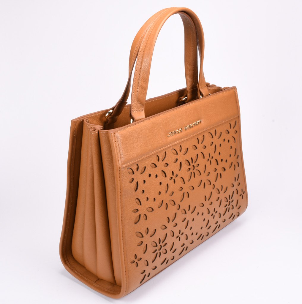 Bolsa Tote Couro Caramelo Laser Cut Floral