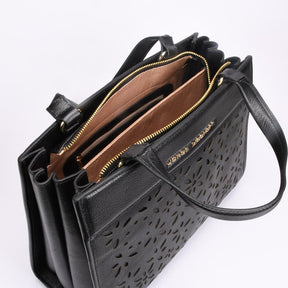 Bolsa Tote Couro Preto Laser Cut Floral