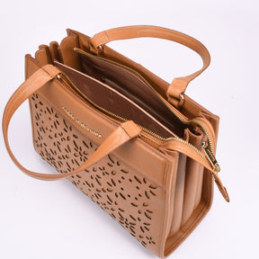 Bolsa Tote Couro Caramelo Laser Cut Floral