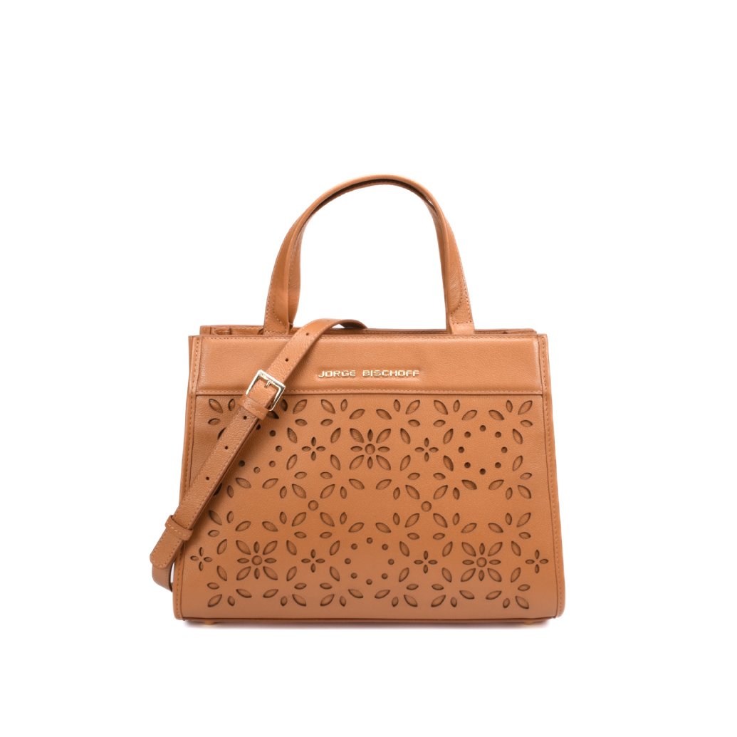 Bolsa Tote Couro Caramelo Laser Cut Floral