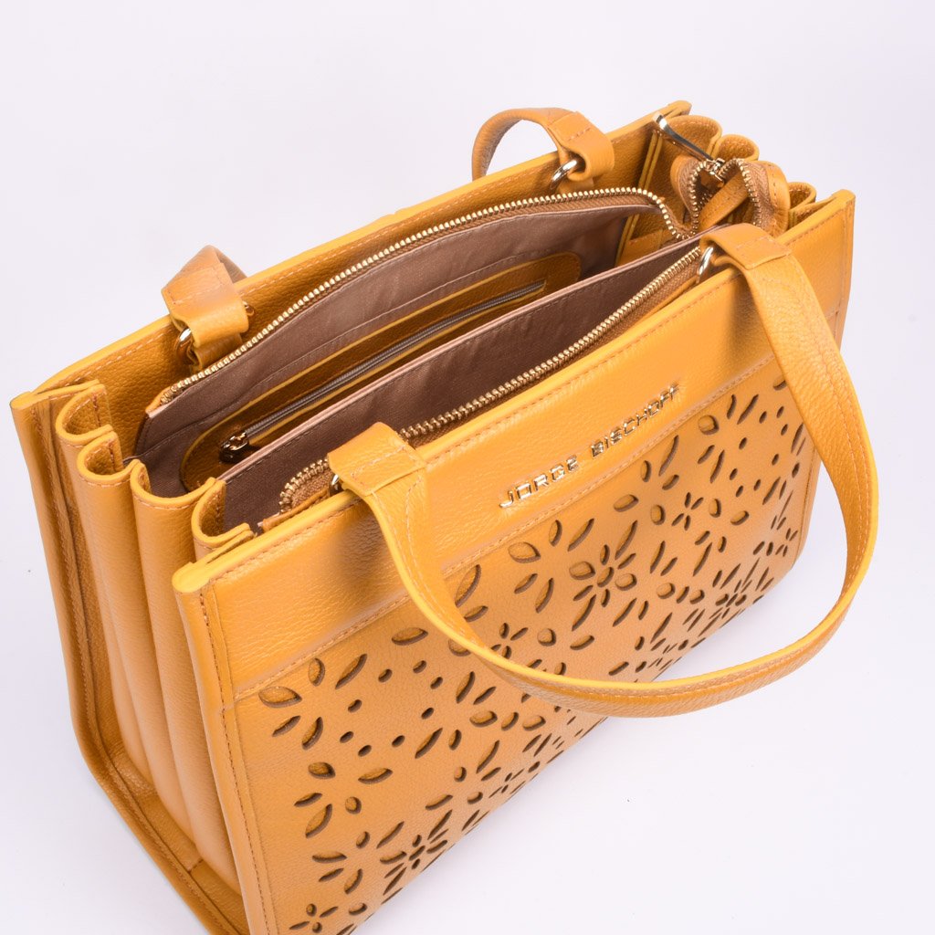 Bolsa Tote Couro Amarelo Laser Cut Floral