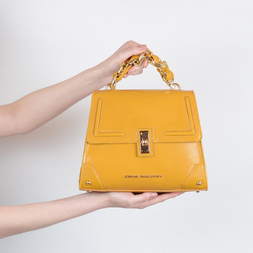 Bolsa Satchel Amarelo Dijon Corrente Couro