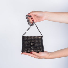 Mini Bag Couro Preto Hotfix Prata