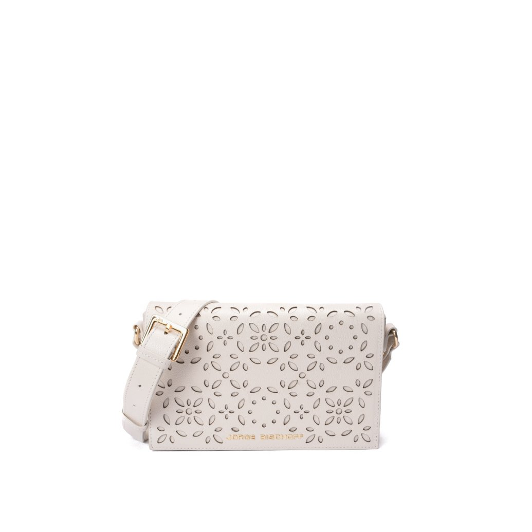 Bolsa Transversal Couro Branco Laser Cut Floral