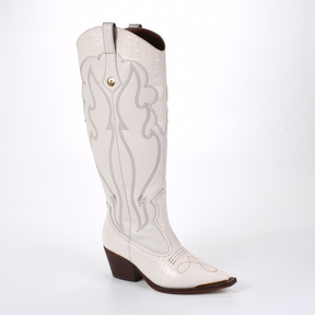 Bota Western Branca Cano Longo Bordado Mandala Couro