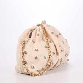 Clutch Off White Brulée Pedrarias Tecido Couro