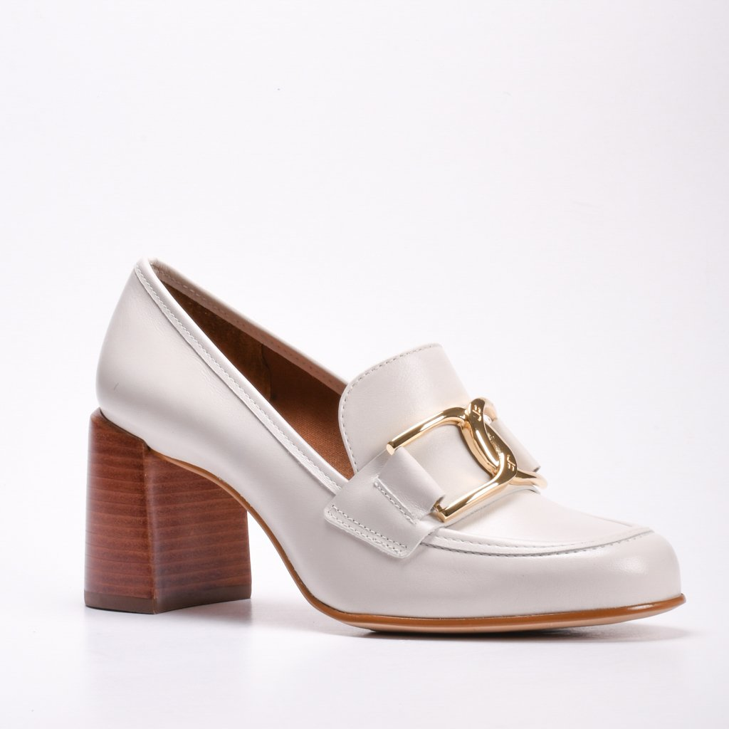 Loafer Branco Blanc Salto Bloco Médio Couro