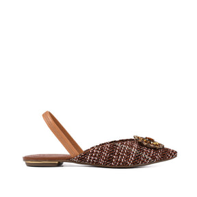 Slingback Xadrez Pedrarias Salto Baixo Tecido Tweed