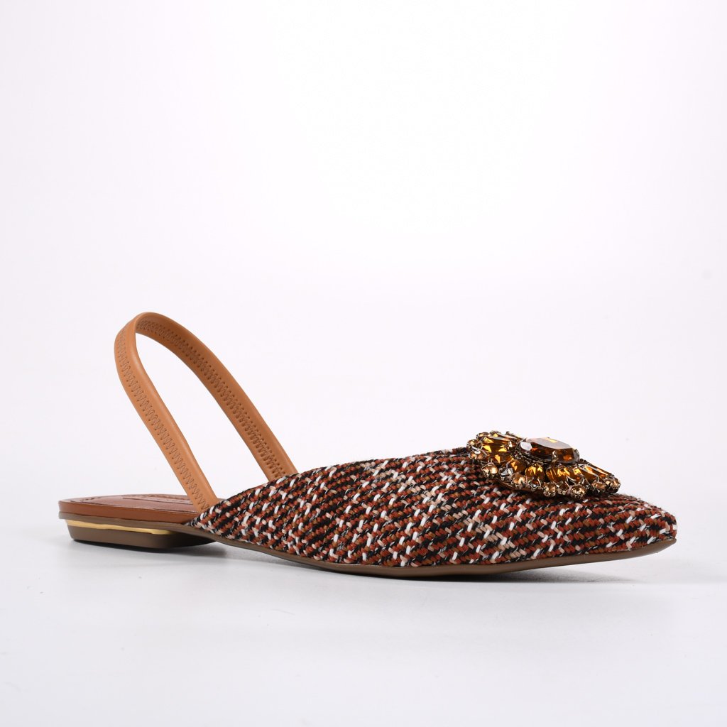 Slingback Xadrez Pedrarias Salto Baixo Tecido Tweed