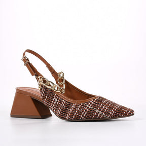 Slingback Xadrez Caramelo Corrente Salto Baixo Tweed