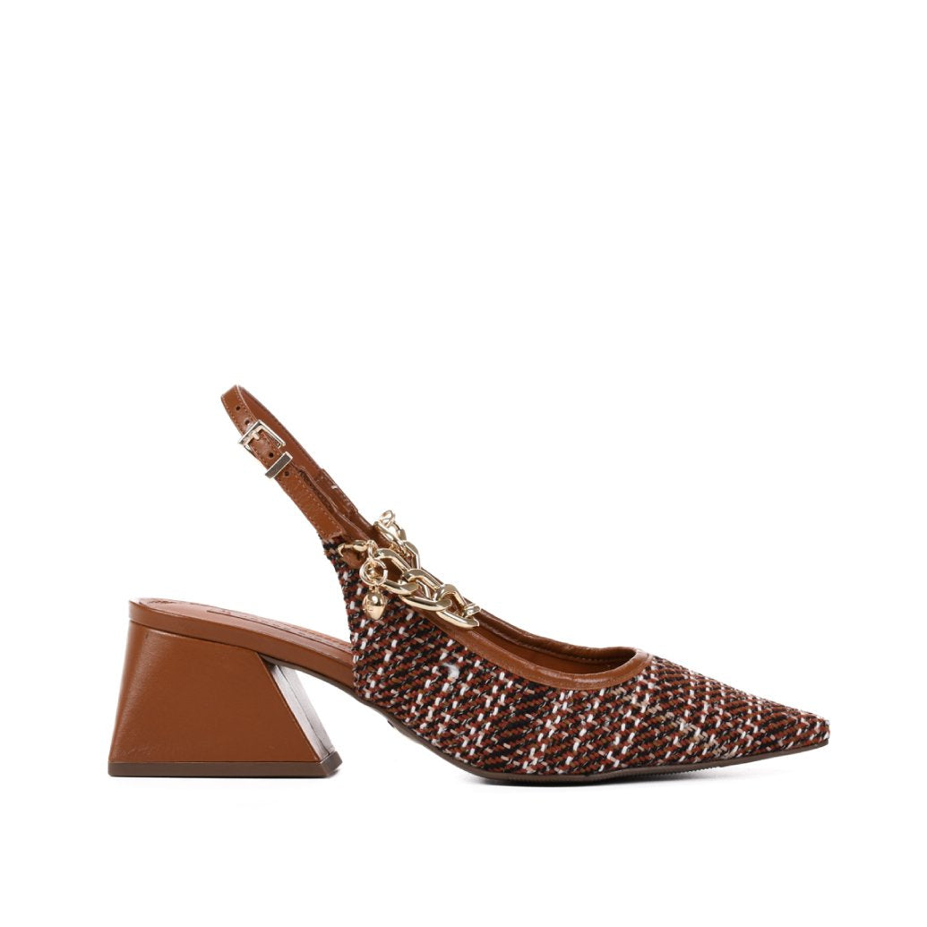 Slingback Xadrez Caramelo Corrente Salto Baixo Tweed