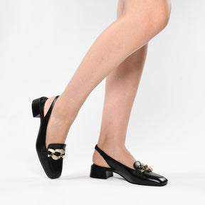 Slingback Preto Corrente Salto Baixo Couro