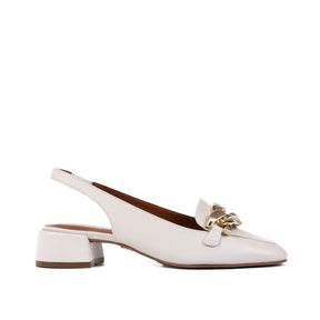 Slingback Branco Blanc Corrente Salto Baixo Couro