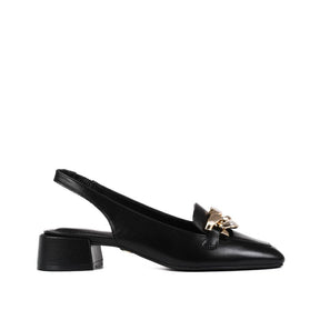 Slingback Preto Corrente Salto Baixo Couro