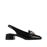 Slingback Preto Salto Baixo Corrente Couro JB