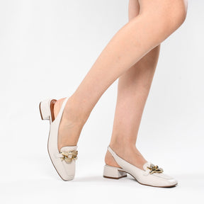 Slingback Branco Blanc Corrente Salto Baixo Couro