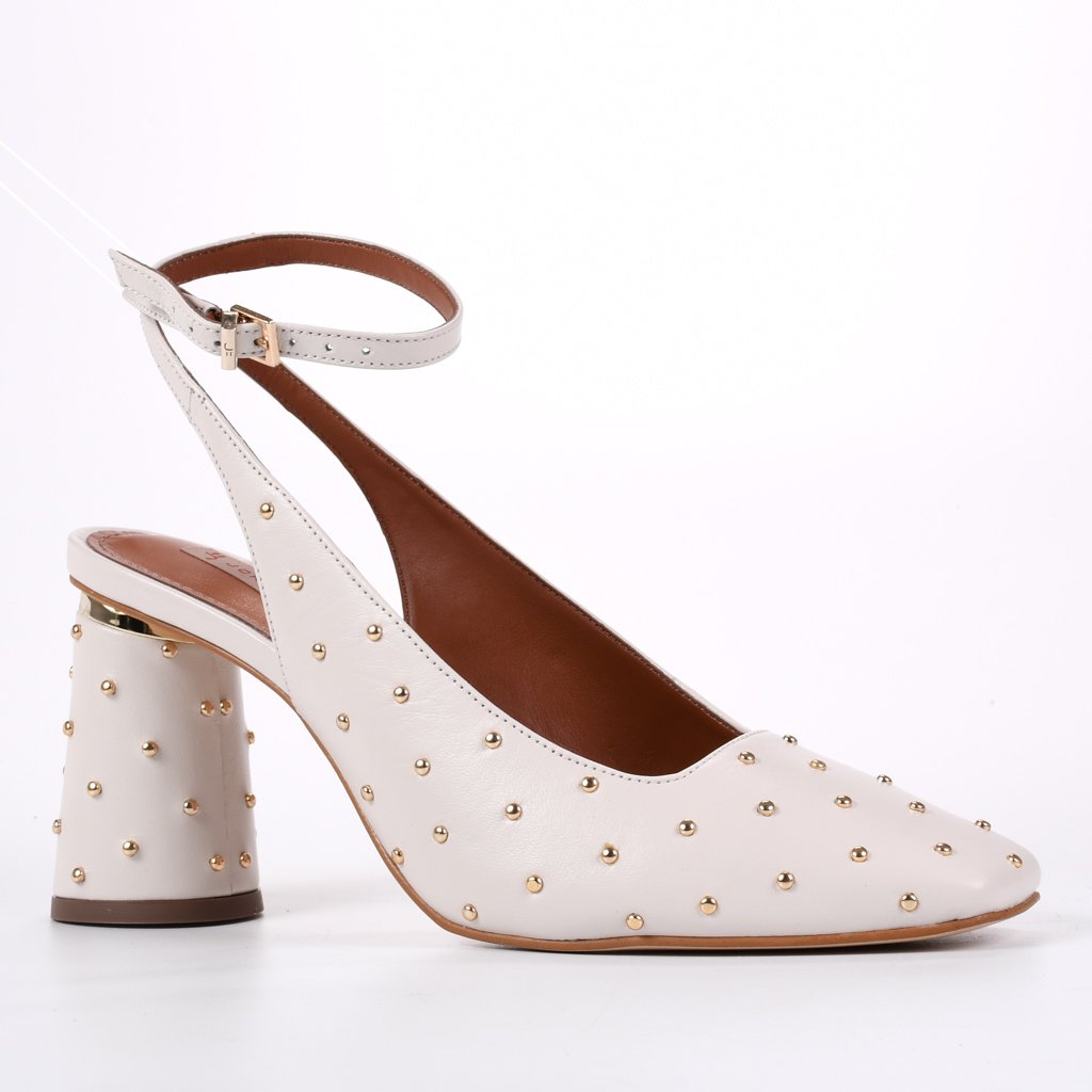 Slingback Branco Blanc Tachas Couro