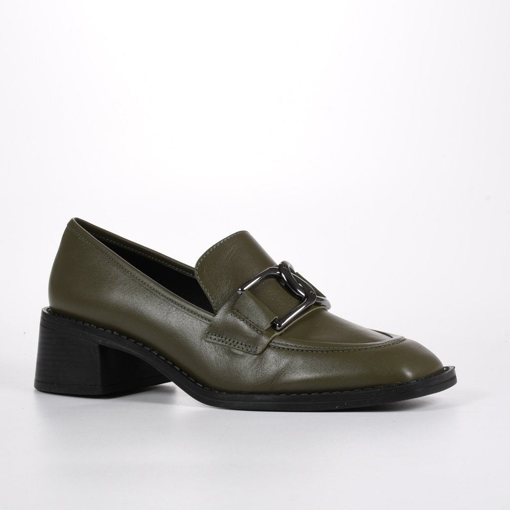 Loafer Verde Olive Salto Bloco Baixo Couro JB