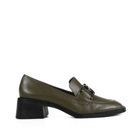 Loafer Verde Olive Salto Bloco Baixo Couro JB