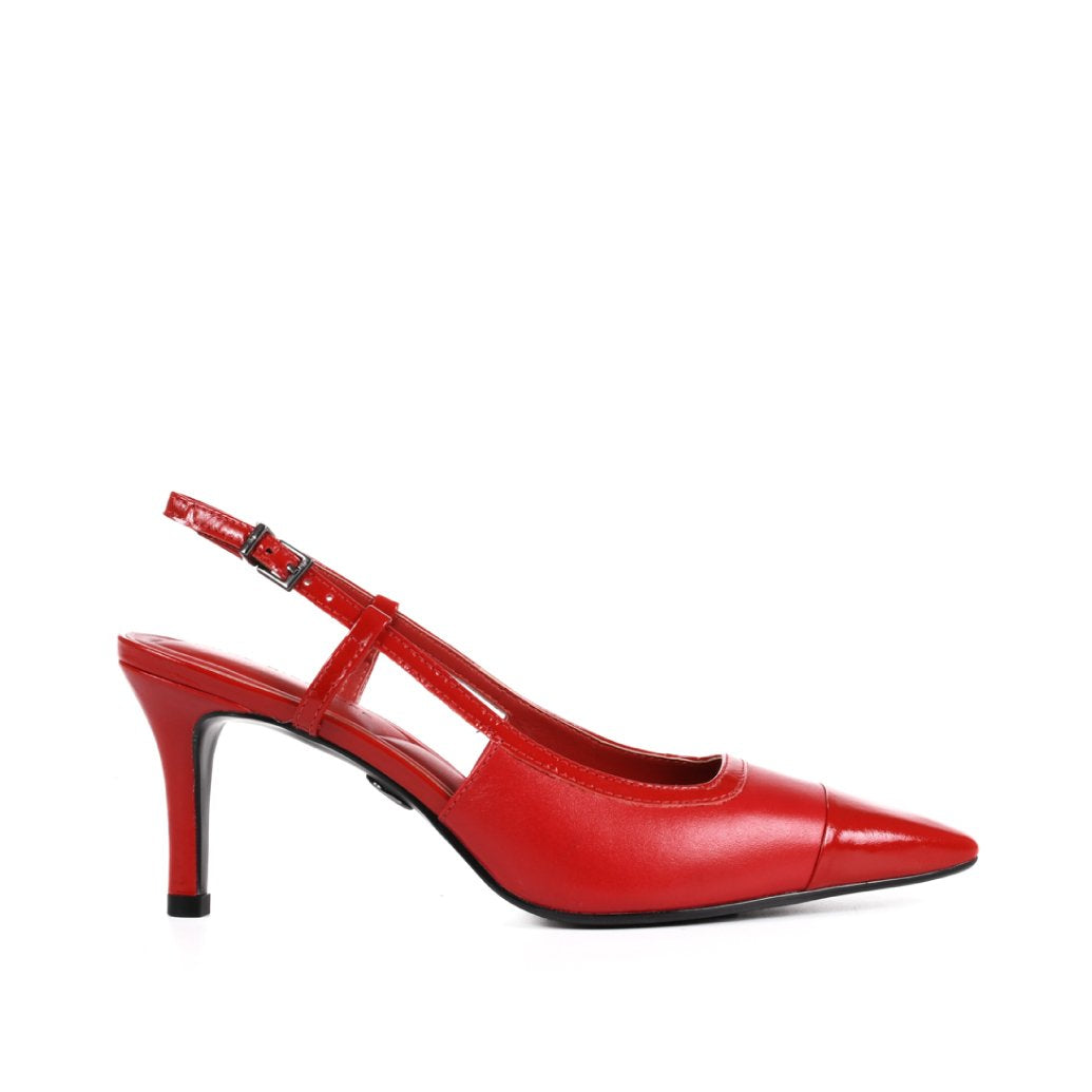 Slingback Vermelho Rubi Salto Médio Tira Couro